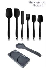 8 Parça Mutfak Gereçleri Seti;Metal Kaşıklık+Metal Altlık+6 Parça Silikon Spatula Set