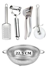5 Adet Mutfak Gereçleri Seti, 22,5 CM Sügeç,Rende,Soyacak,Sarımsak Ezici,Hamur Ruleti
