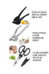 3'lü Set Paslanmaz Metal Limon Sıkacağı, Sarımsak Ezici, Çok Fonksiyonlu Mutfak Makası