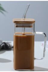 Bambu Kapaklı Kulplu Isıya Dayanıklı Termisil Cam Kupa Bardak Kokteyl Sunum Kahve Bardağı 350ml