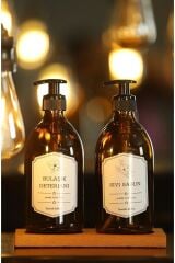 Amber Sıvı Sabunluk 2'li Amber Cam 500 ml Sıvı Sabun Bulaşık Deterjanı Şişesi Sabunluk Ahşap Stand